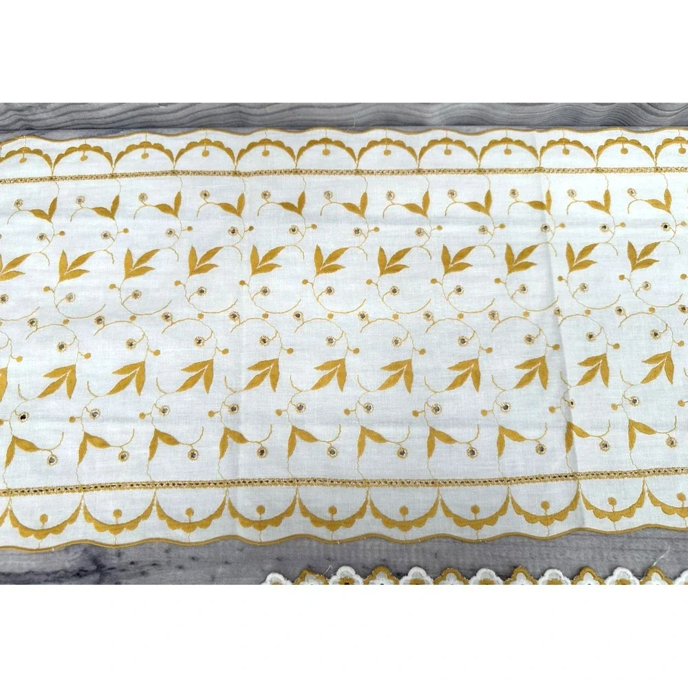 SET OF 2 VINTAGE EMBROIDERED EYELET TABLE / DRESSER SCARF - YELLOW GOLD ‎   *15